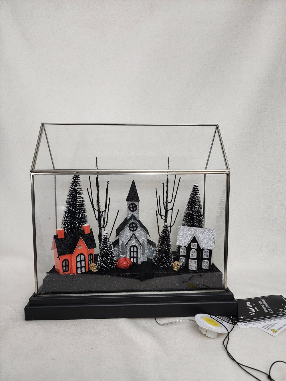 Martha Stewart Holiday Glass Terrarium Village Decor in Black, Silver & Orange
